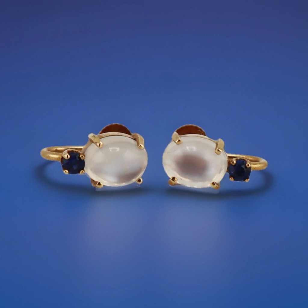 Gold Moonstone & Blue Sapphire Earrings | Oval Cabochons June Fairy